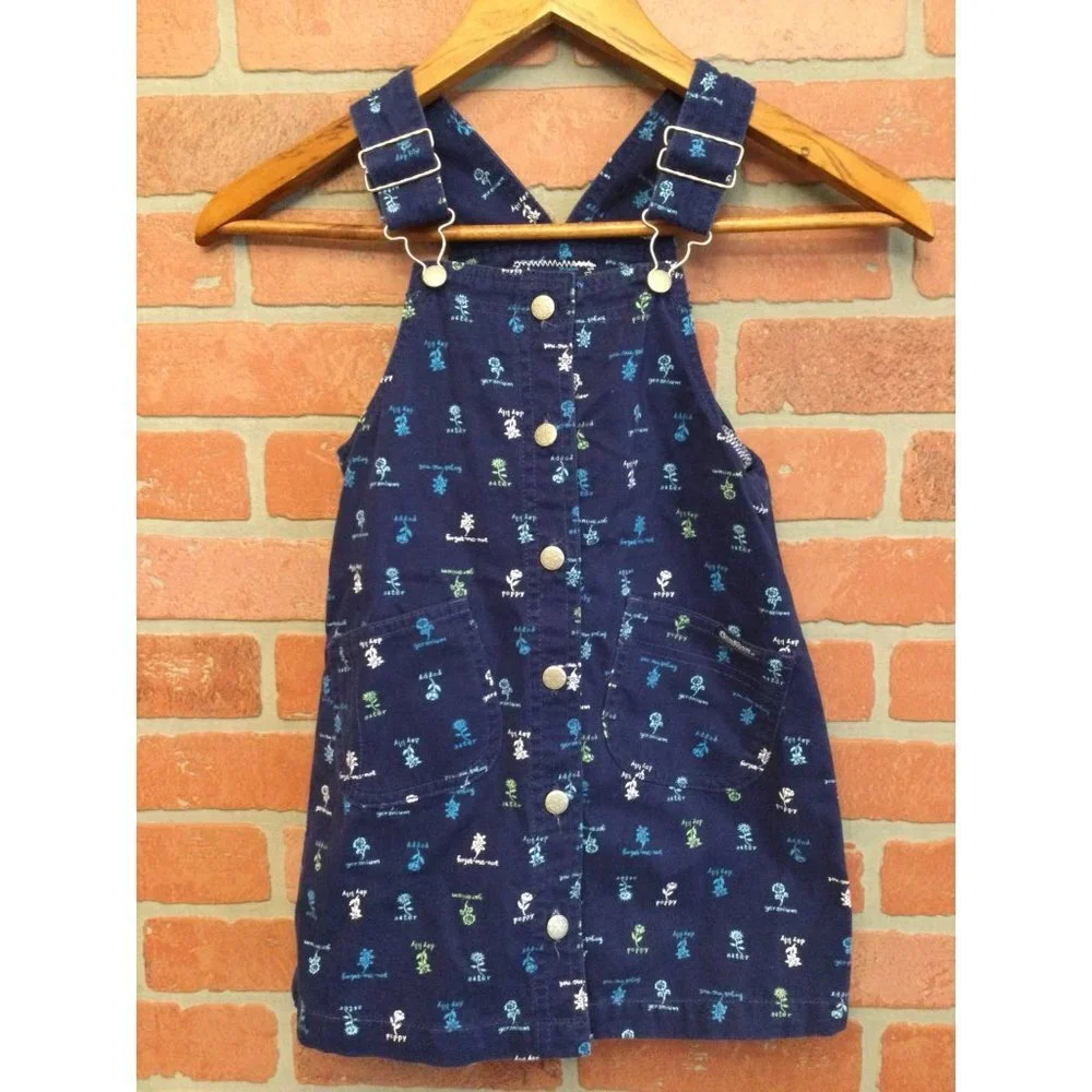 Vintage Oshkosh Bgosh Girls Overall Dress Button Front Pockets Blue Sz 5 Flowers